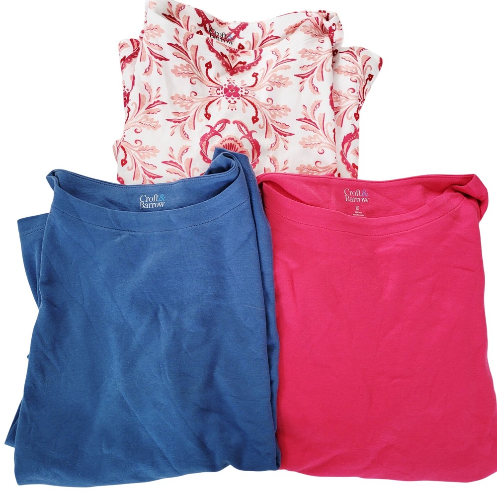 Croft & Barrow Womens Size 1X 3pc Bundle Basic T Shirts Blue Pink Floral 3/4